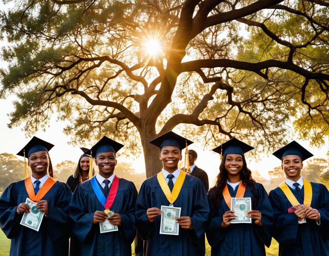 A diverse group of students with graduation caps, standing under a tree symbolizing growth, with branches holding dollar bills, medals, and scholarship certificates. Background shows a sunrise, signifying new beginnings. Rich, warm colors. Super-realistic.