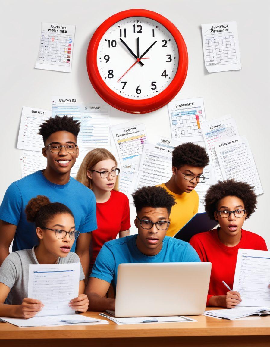 A diverse group of students, each with their checklist and laptops, surrounded by stacks of scholarship forms and deadline calendars. A clock showing urgency in the background. Energetic and focused expressions on their faces. vibrant colors. super-realistic. white background.