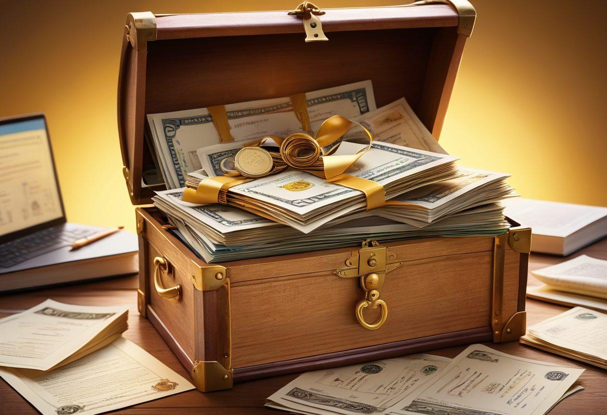 An open treasure chest overflowing with scholarship certificates, diplomas, and stacks of money, positioned on top of a digital laptop with a shimmering, open website displaying scholarship information. A diverse group of excited students holding admission letters and graduation caps stands around the laptop, bathed in golden light. super-realistic. vibrant colors.